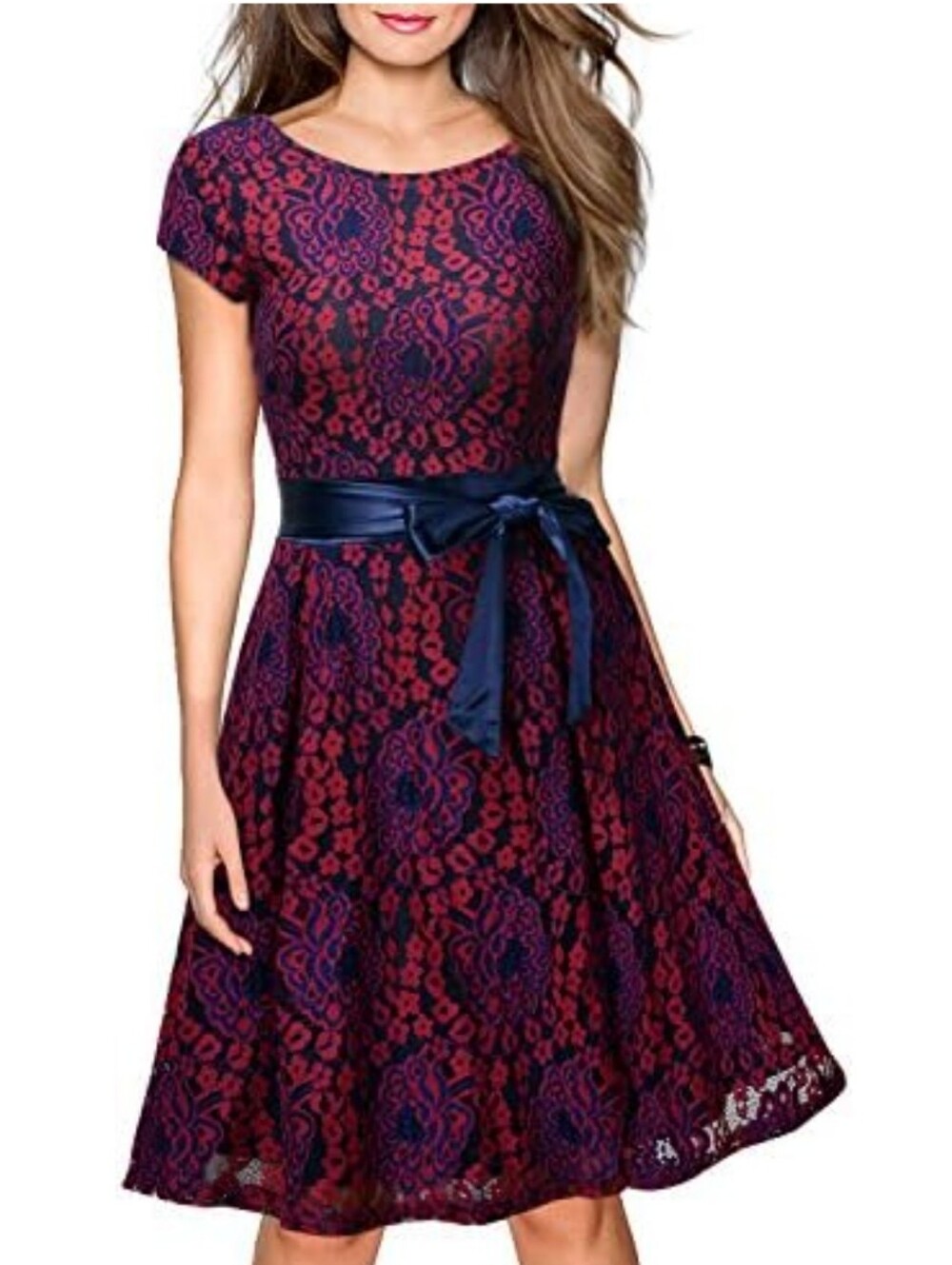 Miusol NWT Womens Medium Dress Stretch Red Lace Midi Navy Blue Satin Tie